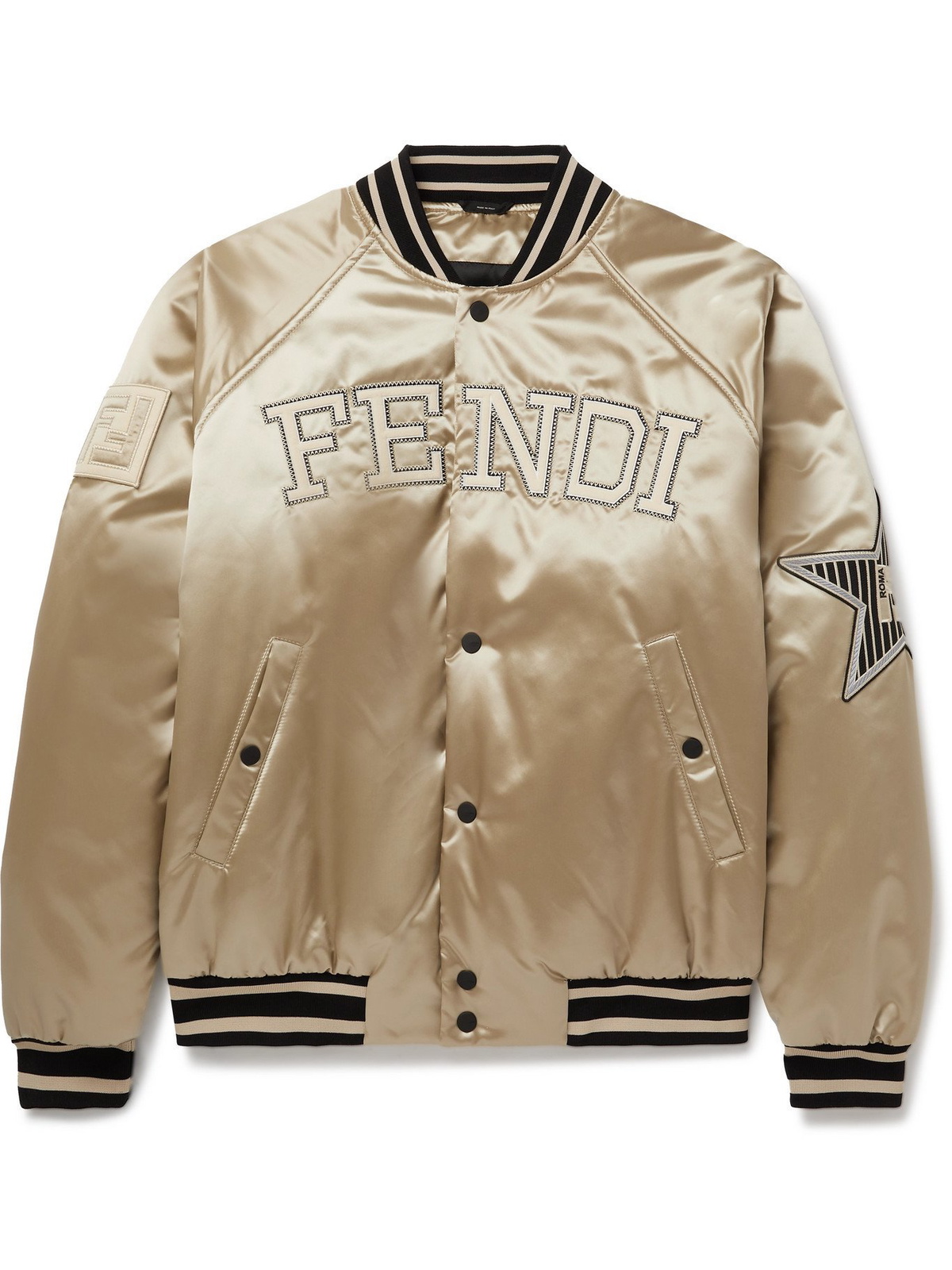 FENDI - Logo-Appliquéd Padded Metallic Satin Bomber Jacket - Gold