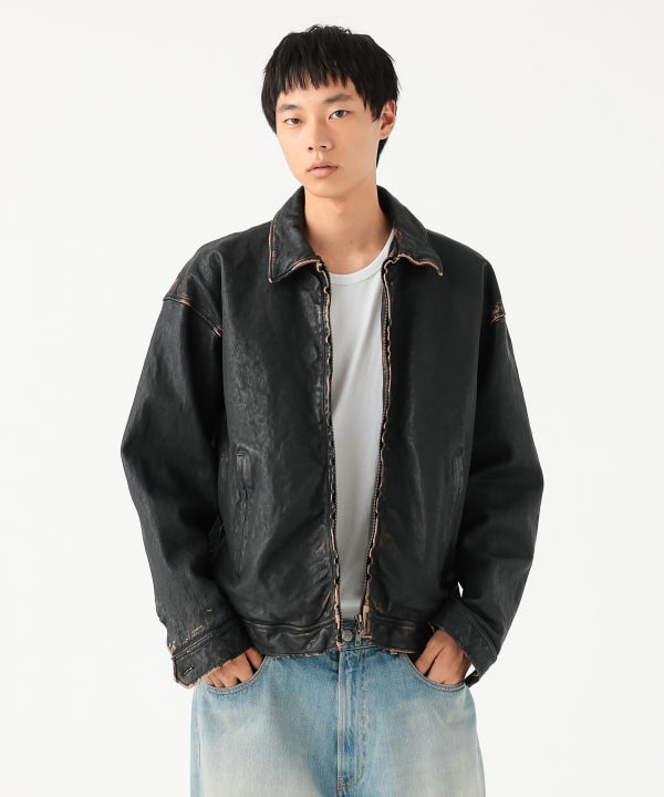 BEAMS (BEAMS) Distressed Leather Zip Blouson [Wide Fit] (Blouson