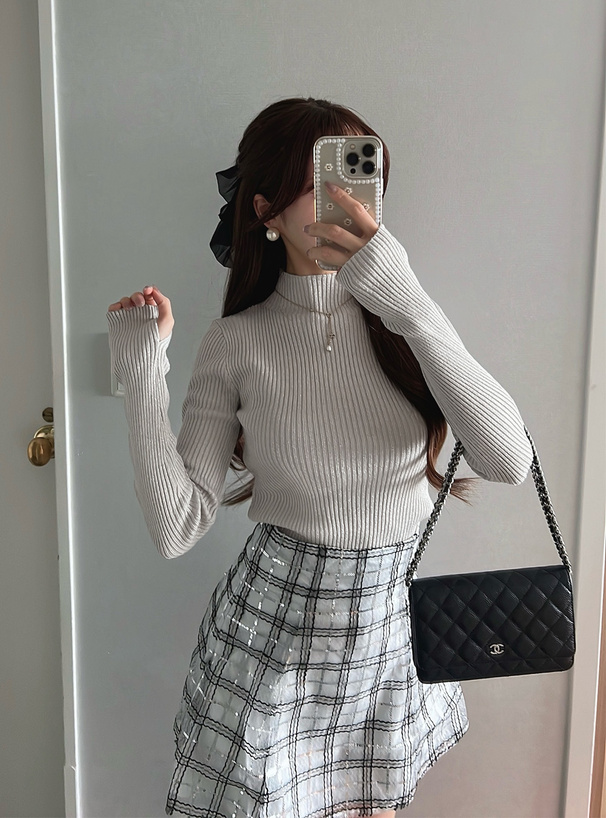 サムホール付きハイネックラメリブニットトップス[cu474] | レディース