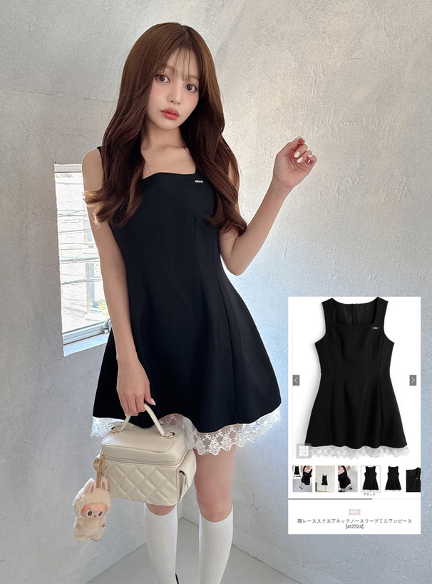 裾レーススクエアネックノースリーブミニワンピース[at2524