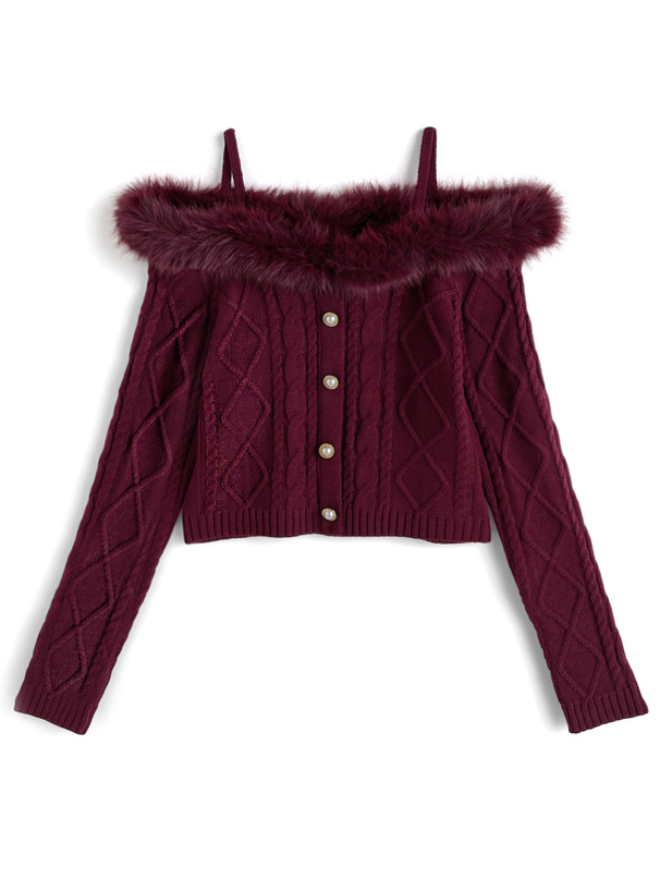 ファーオフショルダーケーブル編みニットトップス[gn549] | レディース