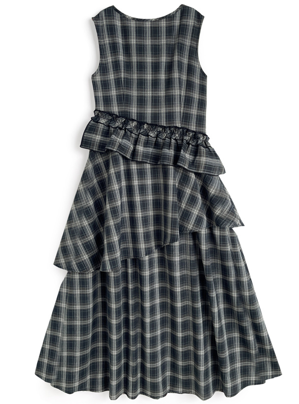 チェック柄アシンメトリーフリルノースリーブワンピース[gn503