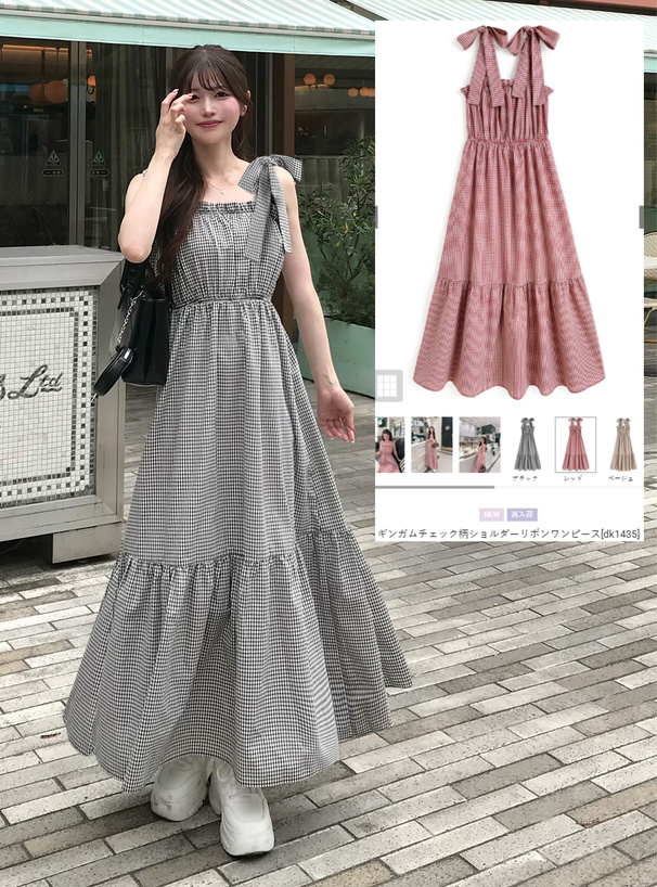 ギンガムチェック柄ショルダーリボンワンピース[dk1435] | レディース