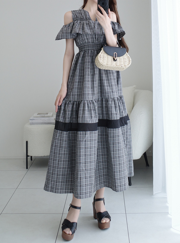 チェックオープンショルダーワンピース[dk1476] | レディース
