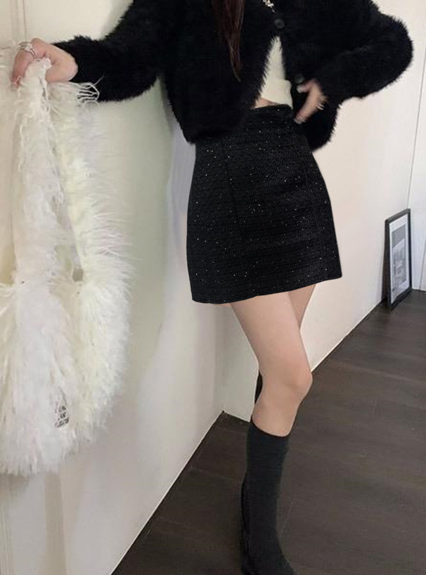 インパン裏地付きスパンコールツイードミニスカート[dk1254