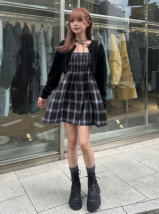 チェック柄シャーリングミニワンピース[dk1311] | レディース