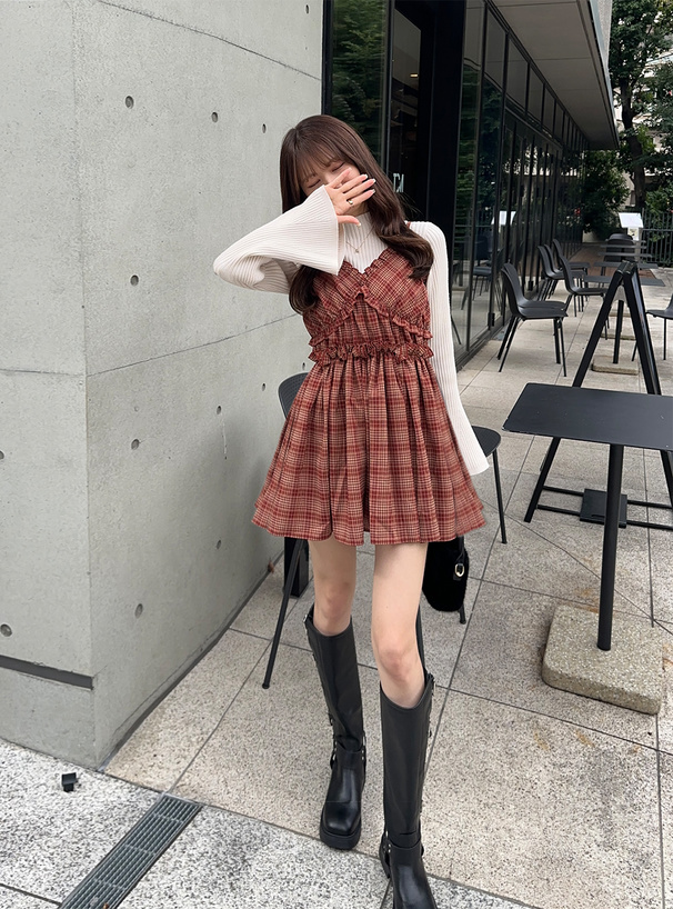 チェック柄フリルキャミミニワンピース[dk1323] | レディース