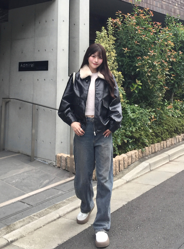 ファーティペット付き襟2Wayレザードロストブルゾン[fo2184