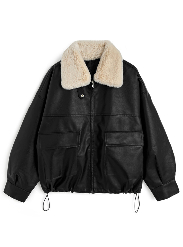 ファーティペット付き襟2Wayレザードロストブルゾン[fo2184