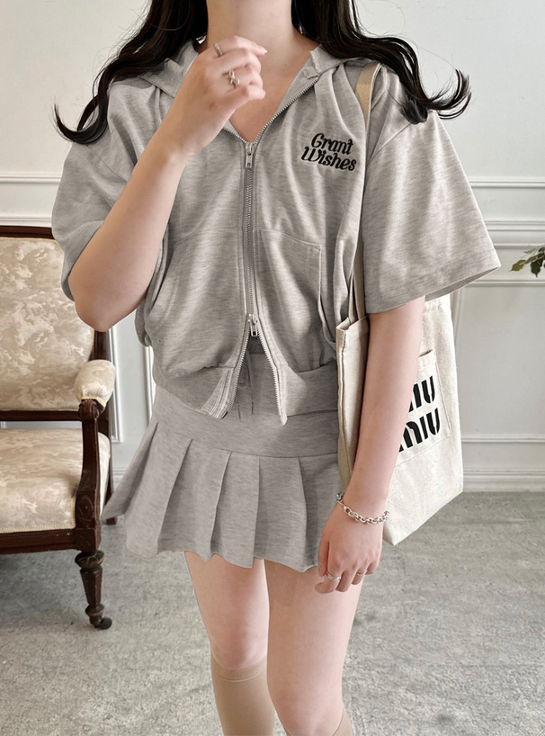 パーカー×プリーツミニスカートスウェットセットアップ[fu166