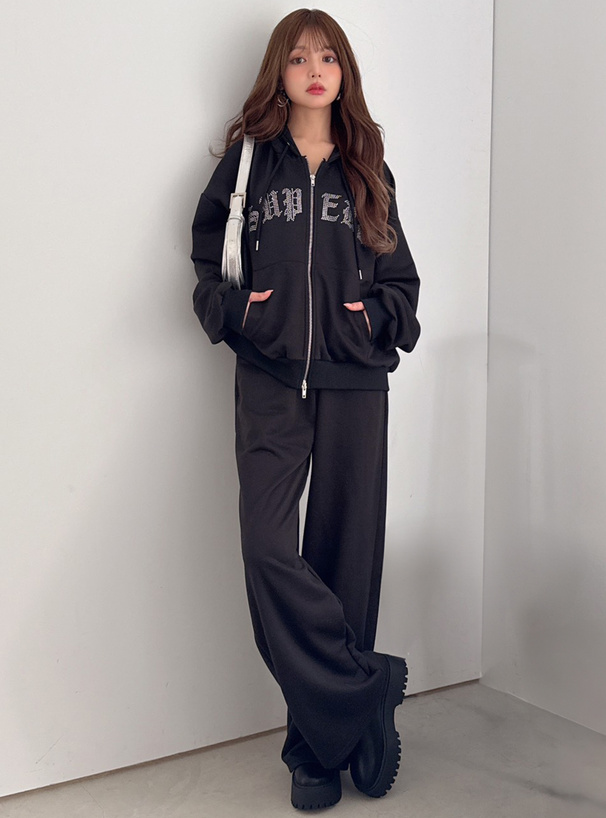 ラインストーンロゴパーカー×ワイドパンツスウェットセットアップ
