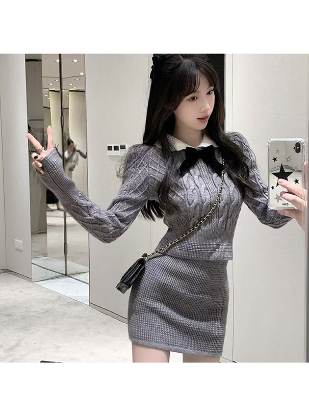 リボン付きケーブル編みトップス×タイトミニスカートニット