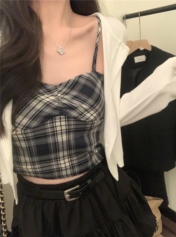 チェック柄ギャザーキャミソール×カーディガンアンサンブル[ks135