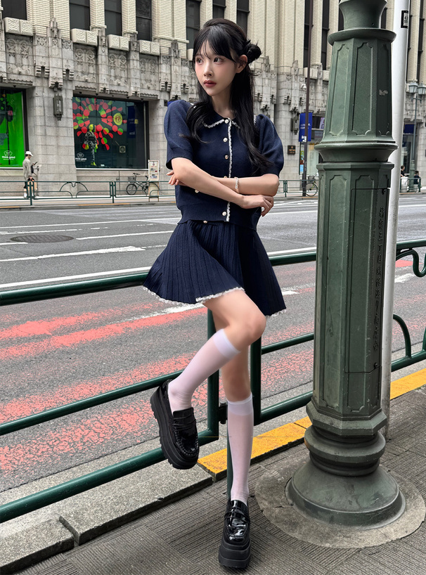 レーストップス×プリーツミニスカートニットセットアップ[kz677