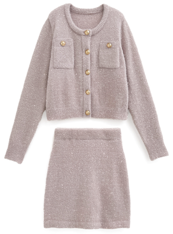 ラメフェザーニットカーディガン×ミニスカートセットアップ[kz617