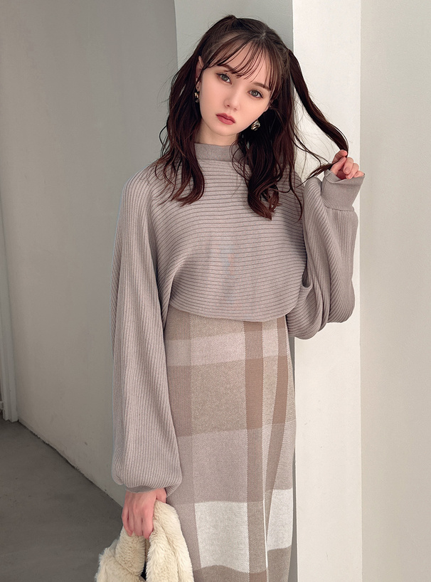 クロップド丈トップスXチェック柄ワンピースニットセットアップ[kz200