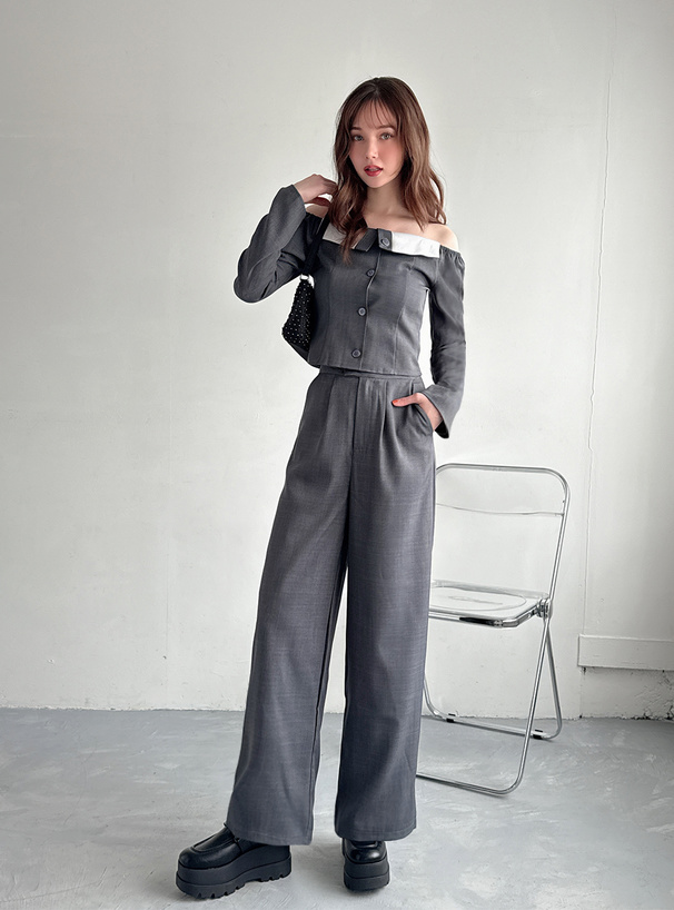 オフショルダー配色カラートップスxワイドパンツセットアップ[jm008