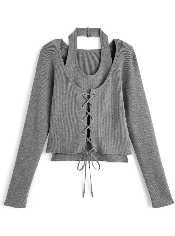 ホルターネックレイヤード風レースアップニットトップス[lt104