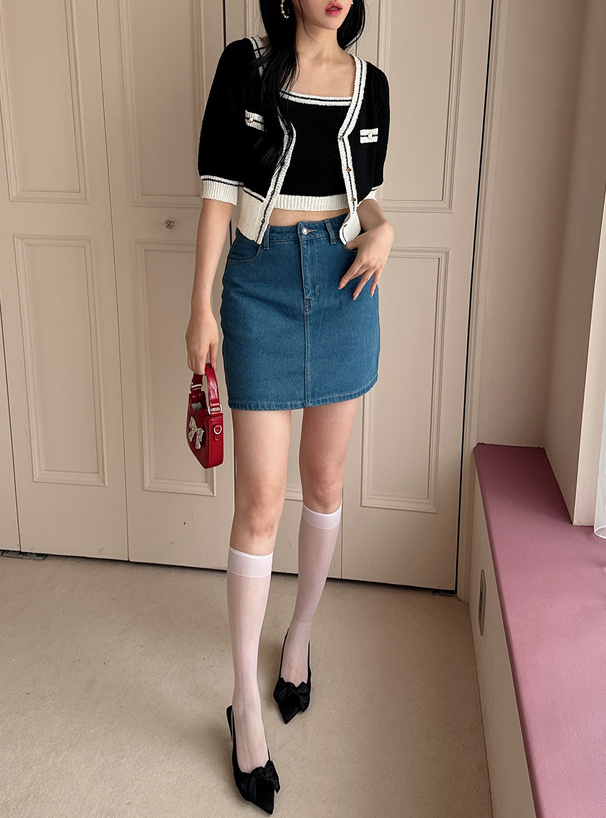 インパン裏地付きバックリボン刺繍デニムミニスカート[nh151