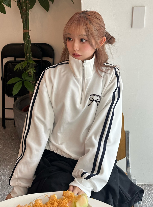 刺繍リボンラインハーフジップトップス[sf1104] | レディース