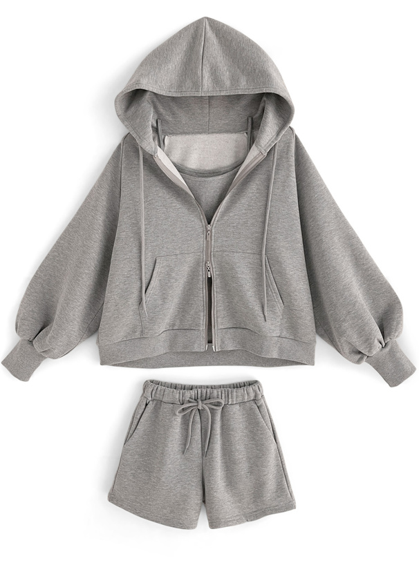 キャミソール×パーカー×ショートパンツ裏起毛スウェットセットアップ