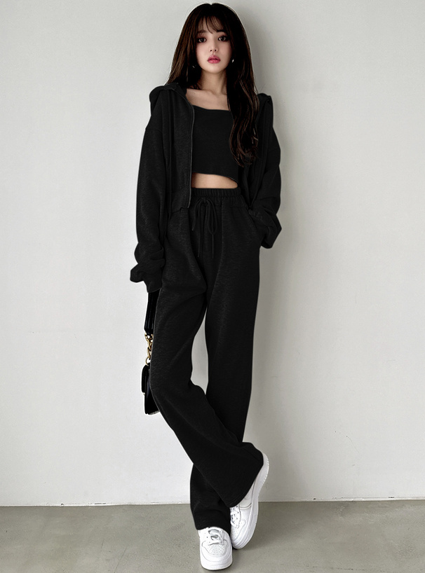 ジップパーカー×キャミ×ワイドパンツ裏起毛セットアップ[pm229