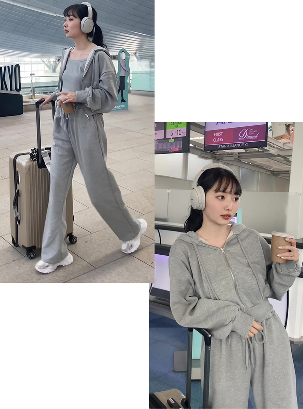 ジップパーカー×キャミ×ワイドパンツ裏起毛セットアップ[pm229