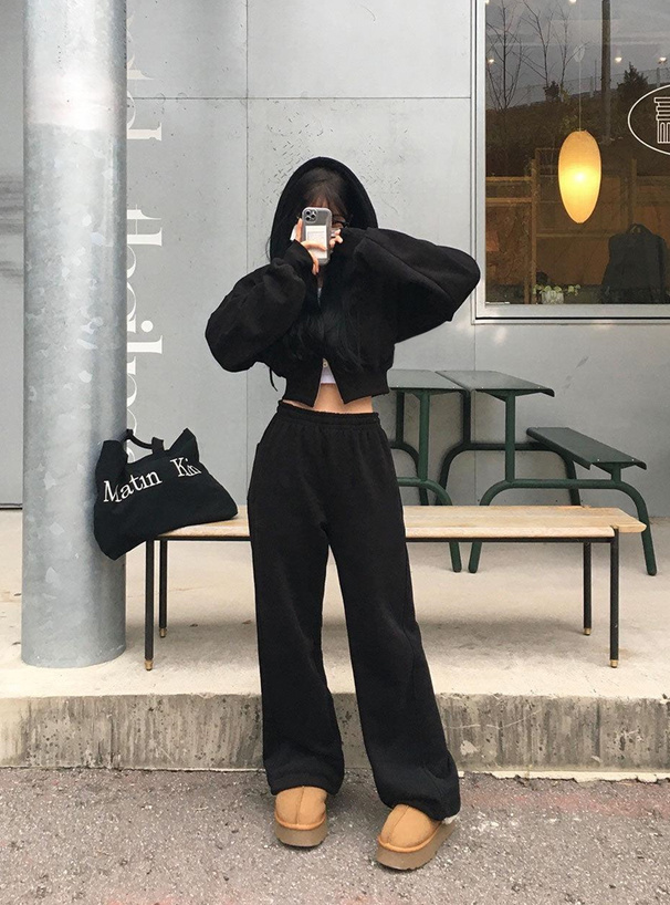 ダブルジップパーカー×ワイドパンツ裏起毛スウェットセットアップ