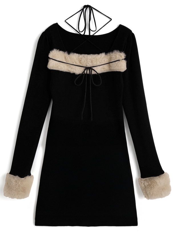 ファーホルターネックリボンニットワンピース[ru1388] | レディース