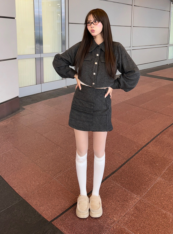 ヘリンボーンショート丈ジャケット×ミニスカートセットアップ[ta190