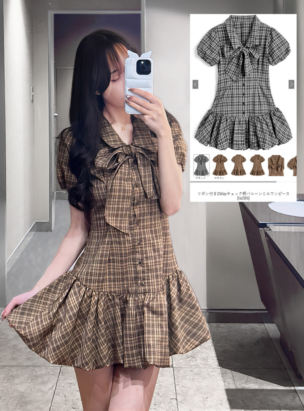 リボン付き2Wayチェック柄バルーンミニワンピース[ta286] | レディース