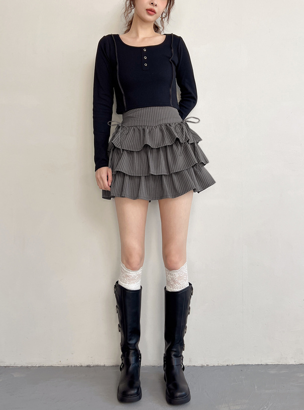 インパン裏地付きストライプ柄リボンティアードミニスカート[ta207