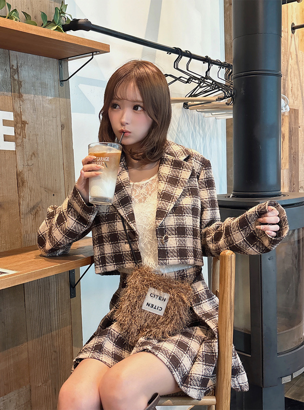 チェック柄ジャケット×インパン付きミニスカートセットアップ[ta307