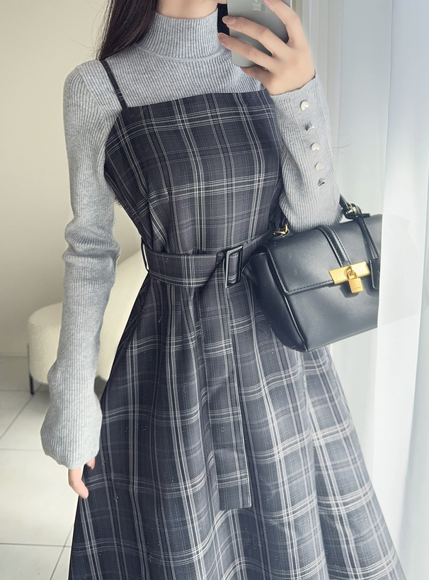 ベルト付きチェック柄フレアキャミワンピース[tg762] | レディース
