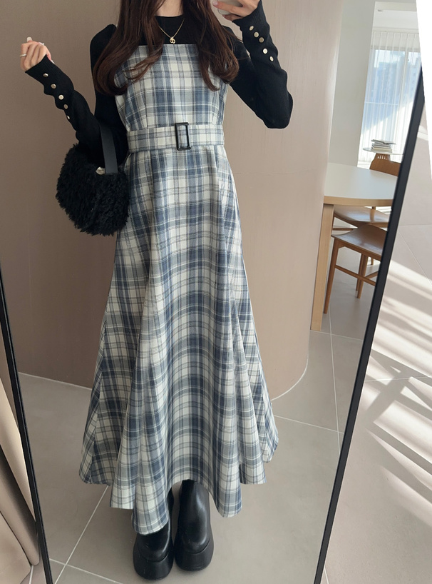 ベルト付きチェック柄フレアキャミワンピース[tg762] | レディース