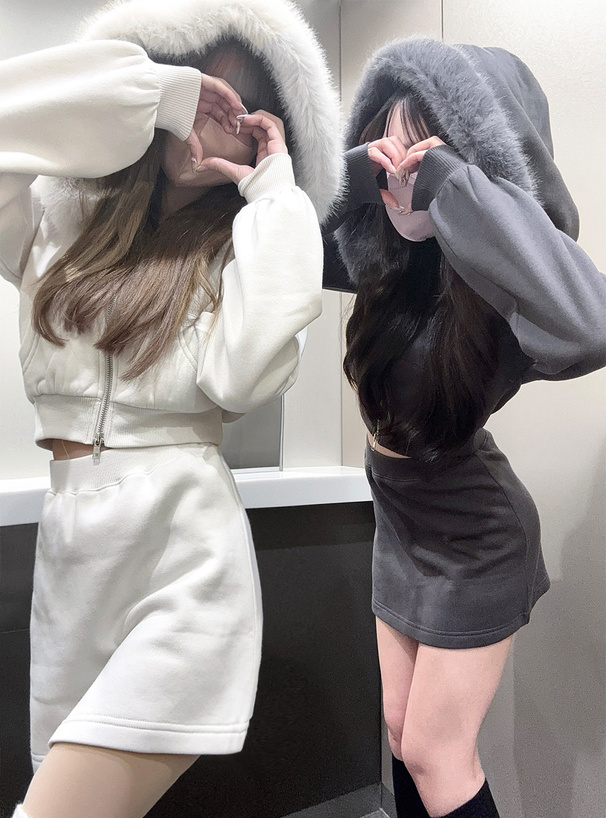 ファーフードジップパーカー×ミニスカートセットアップ[tu935