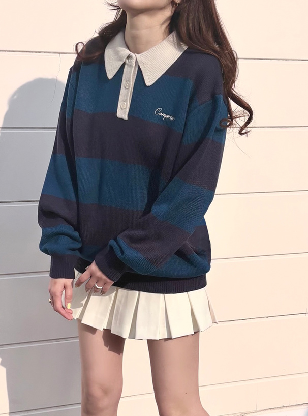 ロゴ刺繍ボーダー柄ニットポロシャツ[tu1536] | レディース