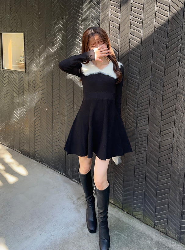 フェザーオフショルカラーフレアニットミニワンピース[tu1276