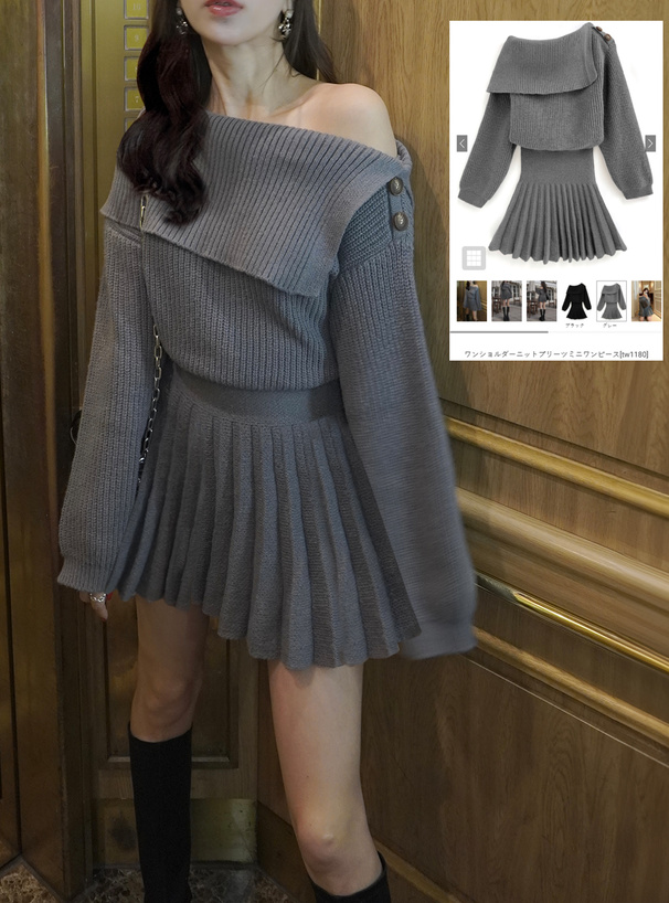 ワンショルダーニットプリーツミニワンピース[tw1180] | レディース