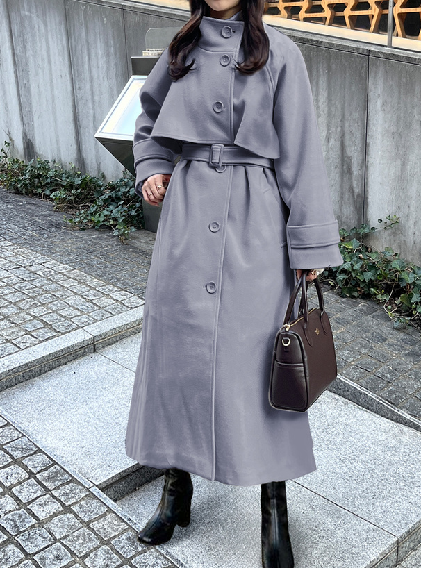ベルト付きスタンドカラーケープロングコート[ze780] | レディース