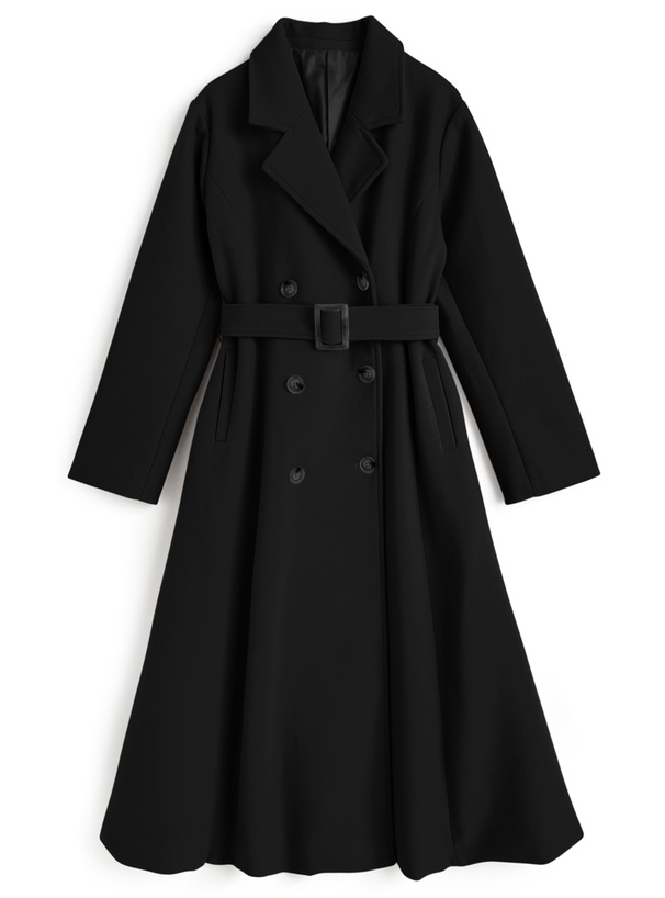 ベルト付きフェイクウールフレアロングコート[ze936] | レディース