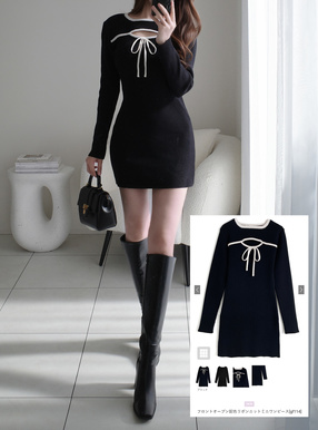 フロントオープン配色リボンニットミニワンピース[gf114] | レディース