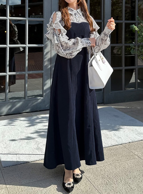 花柄ショルダーオープンフレアロングワンピース[kz432] | レディース