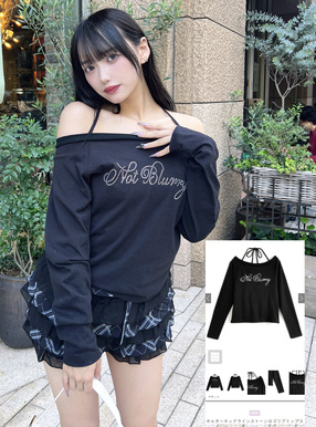 ホルターネックラインストーンロゴリブトップス[sf1204] | レディース