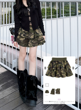 インパン裏地付きカモフラージュ柄スウェットティアードミニスカート