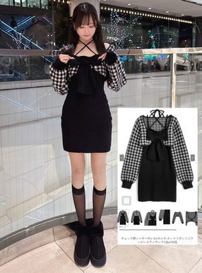 チェック柄シャギーボレロ×ホルターネックリボンミニワンピース
