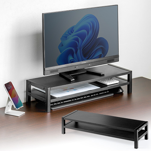 モニター台 2段（机上ラック・卓上・木製・棚・キーボード収納・黒