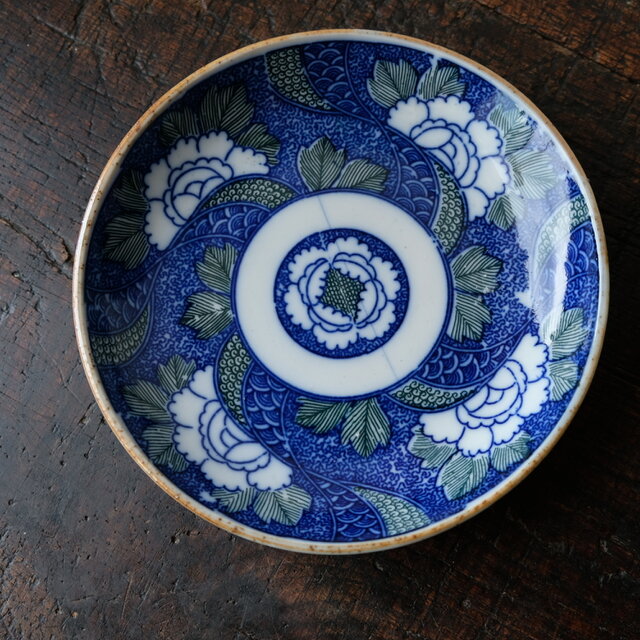 青と緑◇芍薬で素敵。伊万里 印判中皿 骨董・antiques 古道具 丁寧な