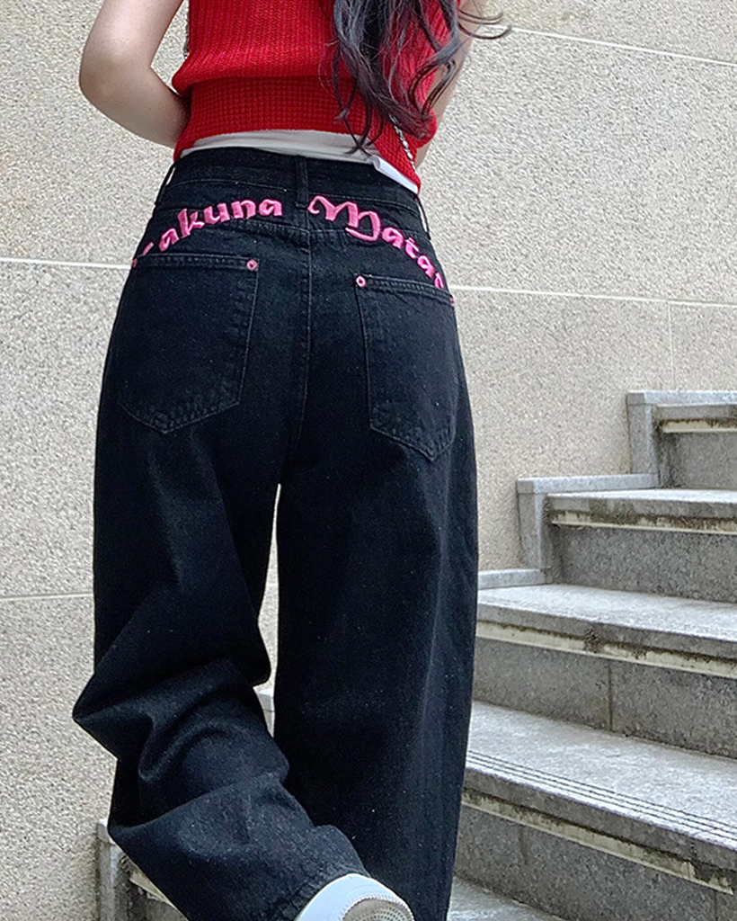 レタリングピンクステッチバルーンデニムパンツ | ファッション通販