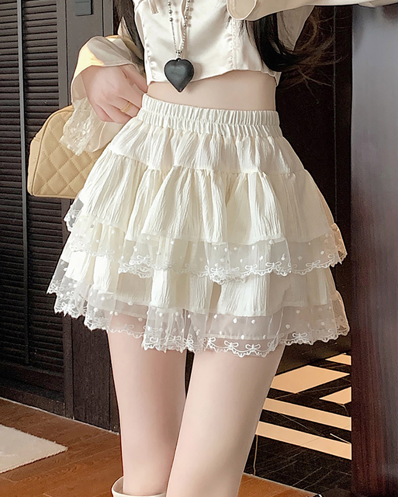 リボンドットレースフレアティアードミニスカート | ファッション通販